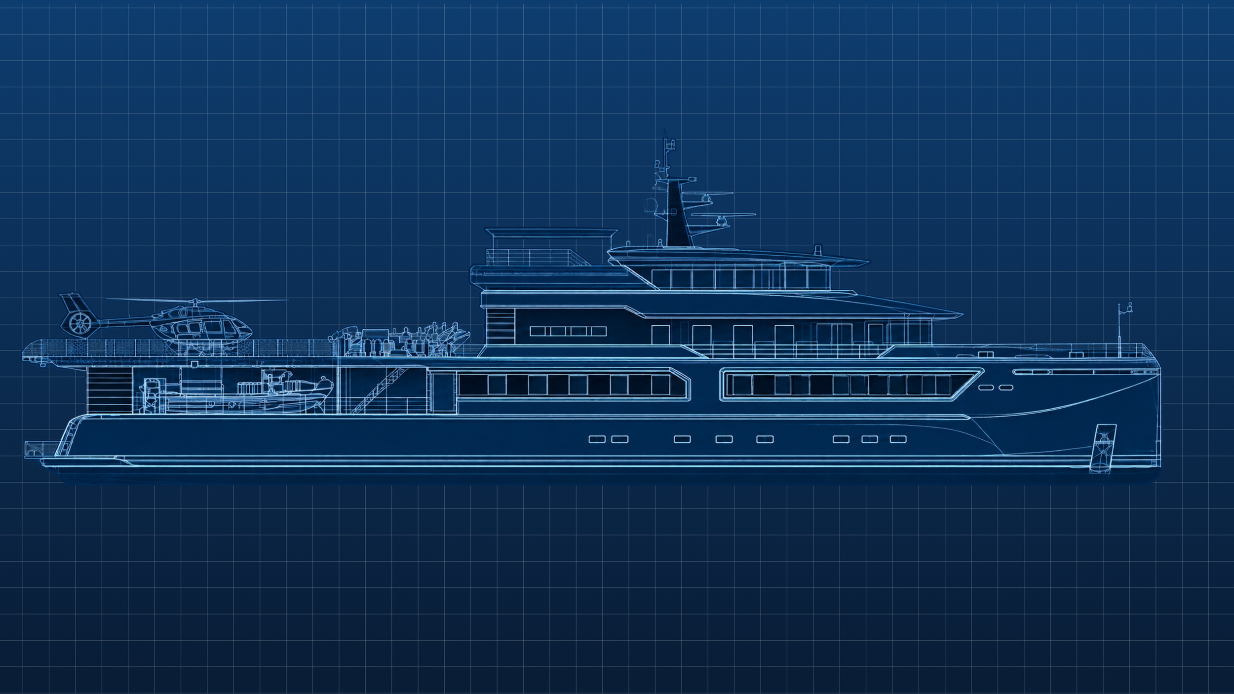 Blueprint-style side view of a luxury superyacht with a helicopter, tender boat, and multiple decks