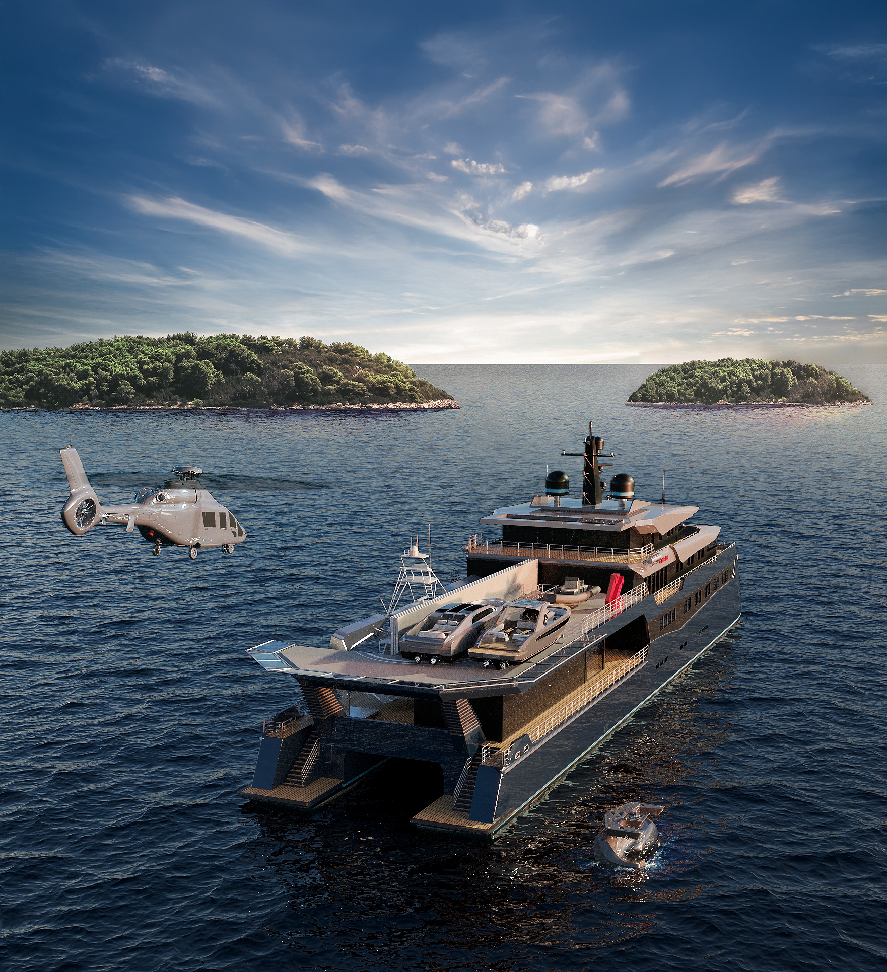 Support yacht with a helicopter in flight near tropical islands