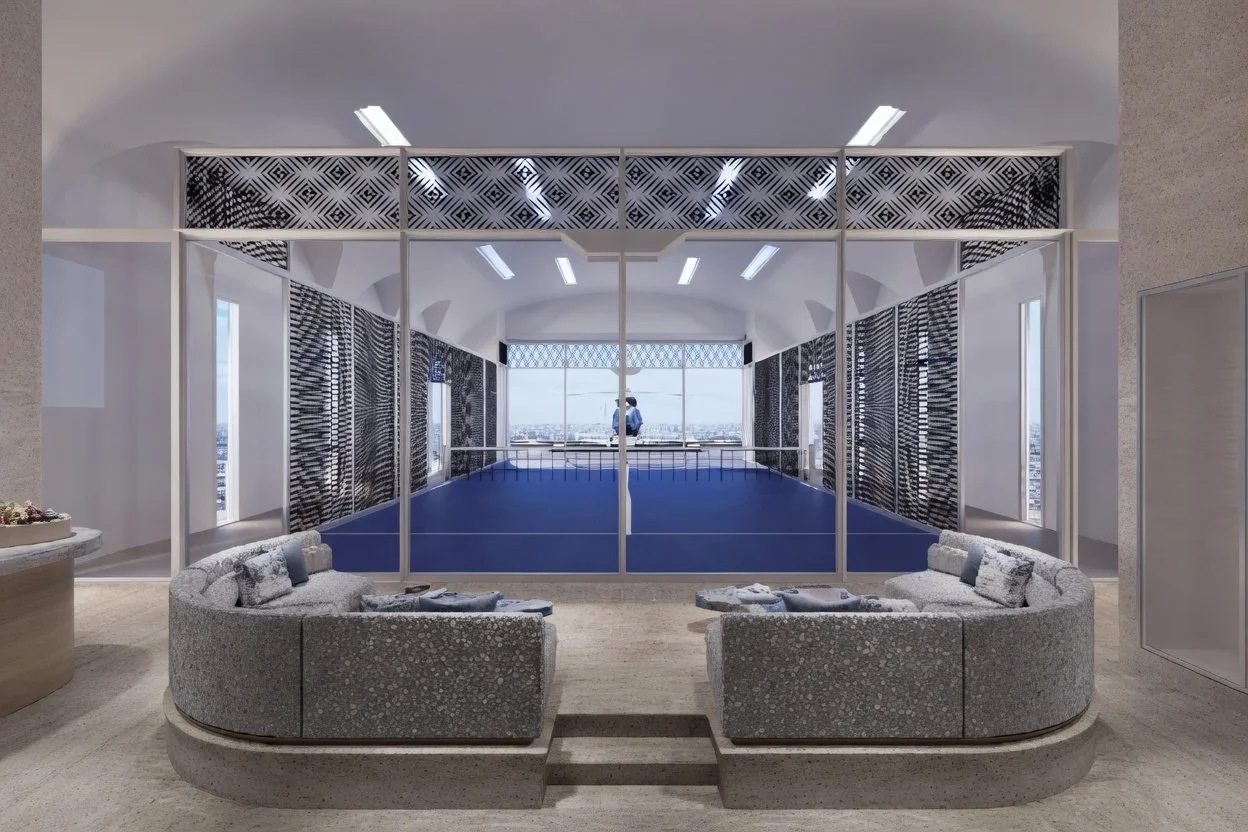 Glass-enclosed padel court on board a support yacht