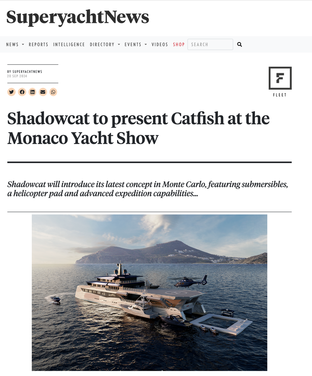 Rendering of a luxury yacht with a helicopter on a helipad, floating on open water, with mountainous terrain in the background.