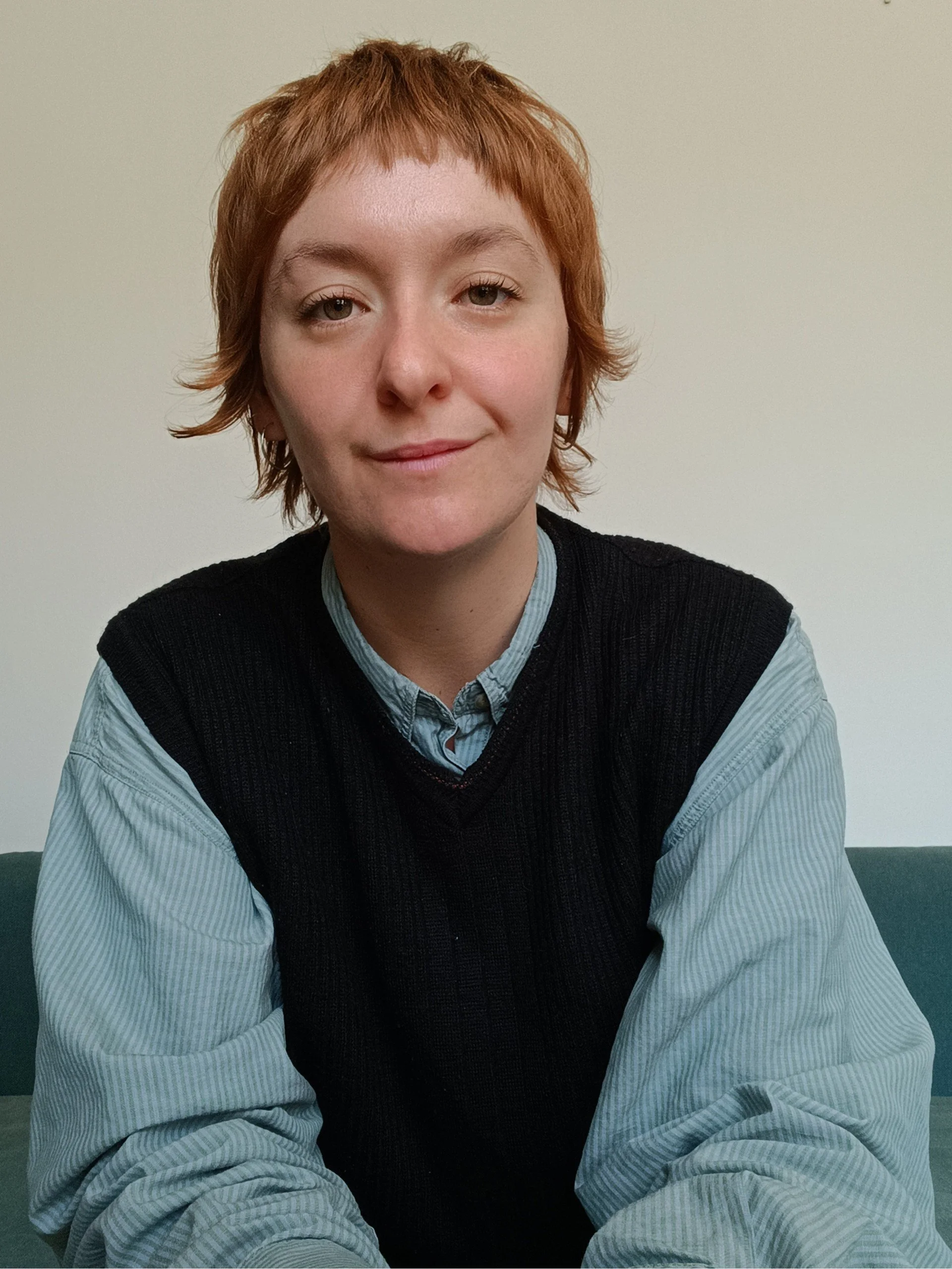A young person with short orange hair, wearing a light blue striped shirt and a black sweater vest, sitting indoors against a plain light-colored wall.