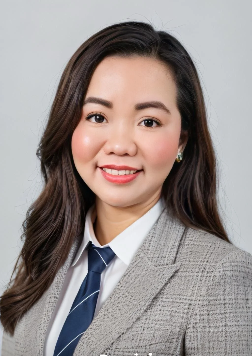 Professional headshot of a smiling woman with long dark hair, wearing a beige checked blazer, white shirt, and navy blue tie, against a plain light grey background.