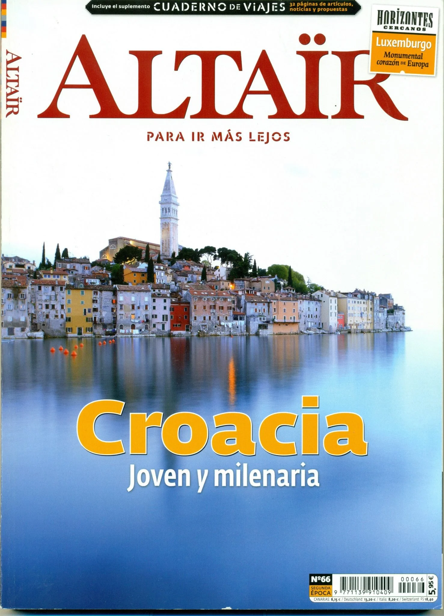 Travel guide magazine cover featuring a scenic view of the Croatian city of Croatia with colorful buildings along the water and a church bell tower on a hill in the background. The cover has large yellow and white text reading 'Croacia' and smaller w