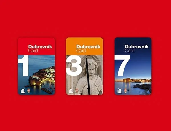 Three Dubrovnik Card tickets with scenes of Dubrovnik, numbered 1, 3, and 7, on a red background.