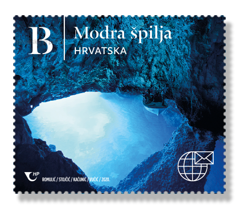 Image of a kayaking or cave exploration label with Croatian text 'Modra špilja' indicating it is related to the Blue Grotto in Croatia. The label includes a logo and mentions 2020.