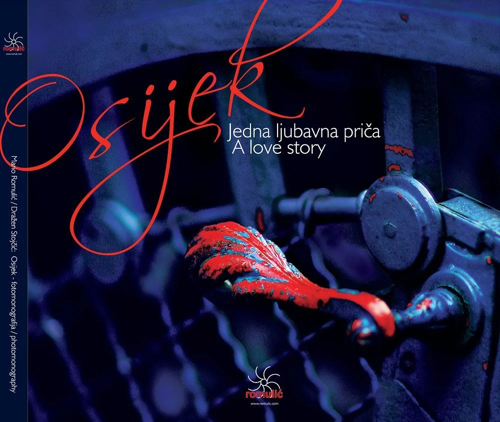 Book cover titled 'Osijek: One Love Story,' featuring a close-up of a rusted, colorful, and chipped mechanical part with red and blue paint scratches.