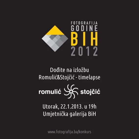 Event invitation poster for a photography exhibition at the art gallery in Sarajevo, Bosnia and Herzegovina, in January 2013, featuring a timelapse by Romulić and Stojčić.