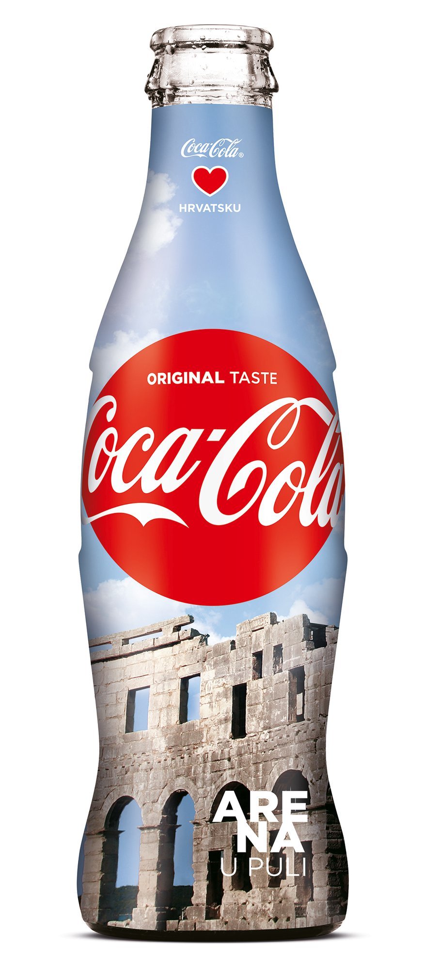 A Coca-Cola bottle with a design featuring a Croatian landmark and the text "Are na u Puli".