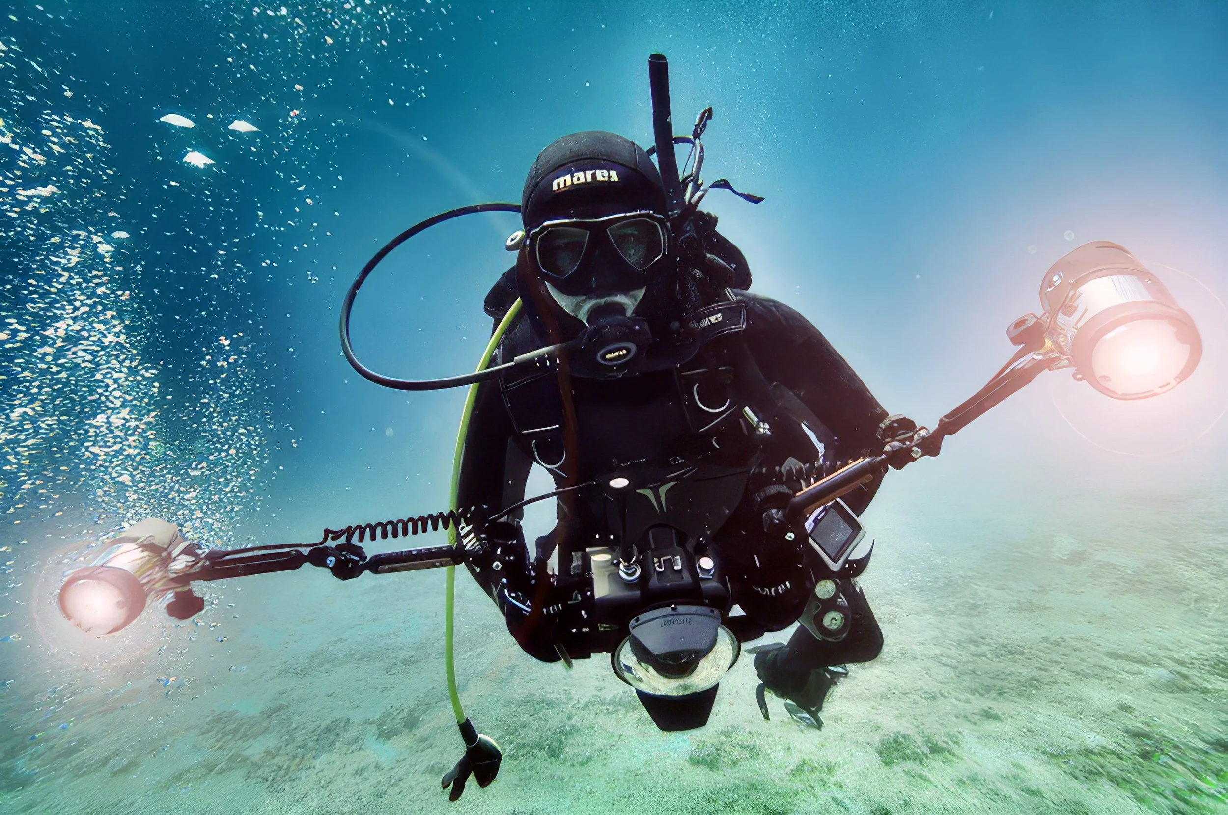 A scuba diver underwater holding a metal detector, wearing a black wetsuit, mask, and snorkel, with a flashlight attached to the equipment.