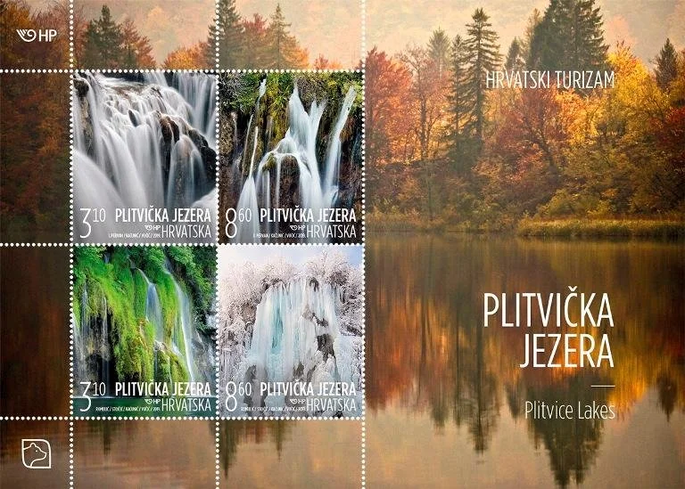 A sheet of Croatian postage stamps featuring Plitvice Lakes waterfalls, with a background of autumn trees and lake.