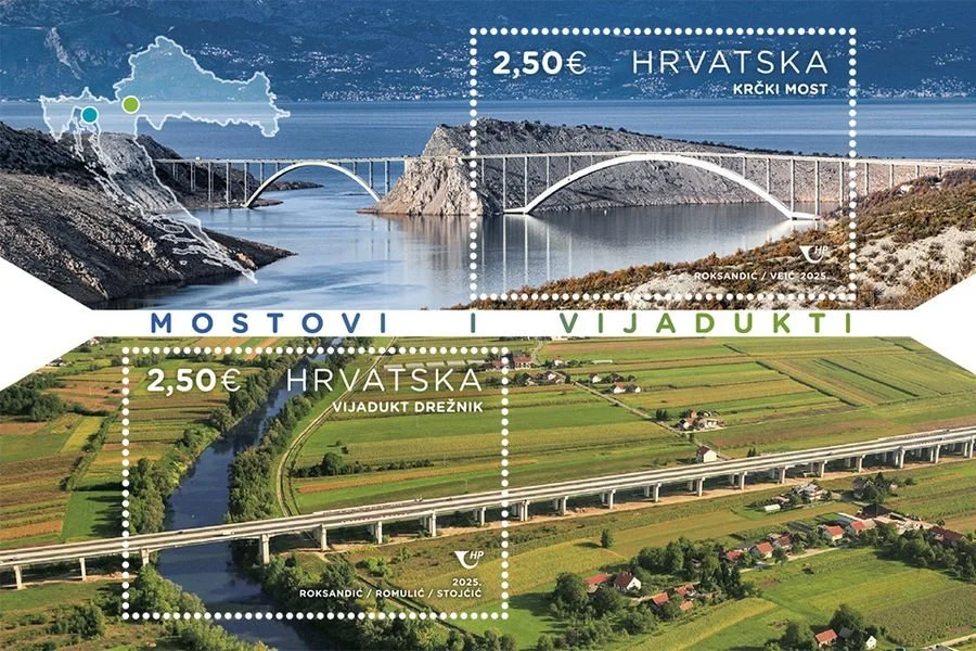A Croatian postage stamp shows two scenic views of bridges. The top image features the Krčki most bridge over the sea, with a 2.50 euro denomination and Croatia written on it. The bottom image shows a similar bridge crossing a lush green river valley