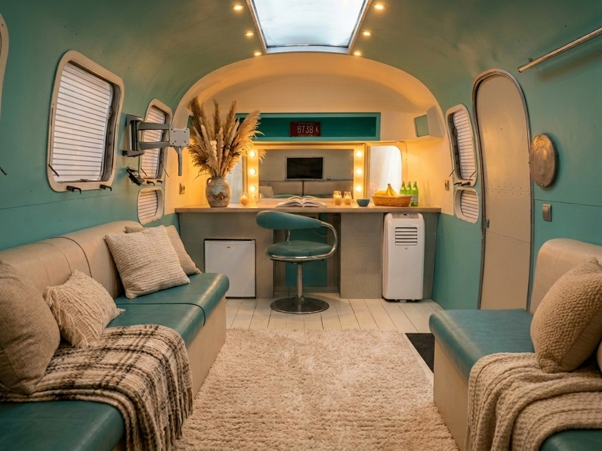 Intérieur loge intime de l'Airstream La Vagabonde 21ft — EDENSTREAM