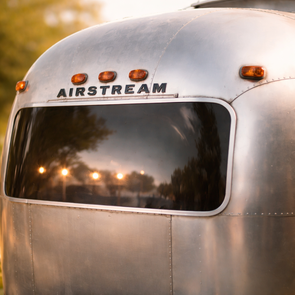 Façade d'une caravane Airstream argentée — location événementielle EDENSTREAM