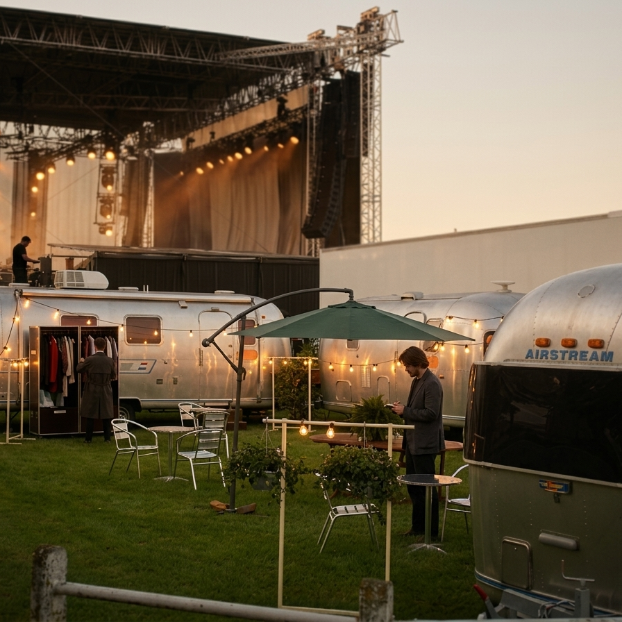 Airstreams en loge artiste lors d'un festival en plein air au coucher de soleil