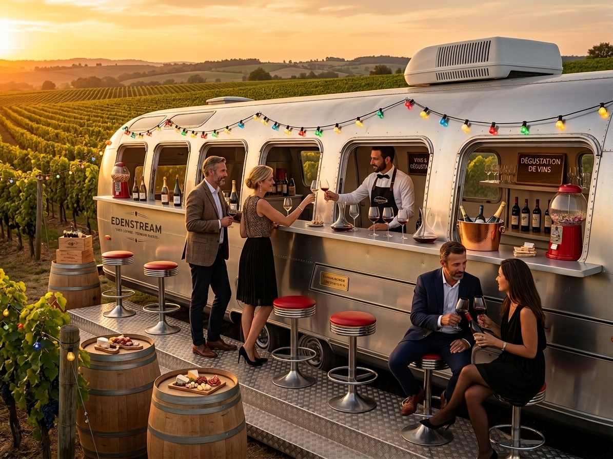 Airstream EDENSTREAM installé dans les vignes — réception en plein air Sud-Ouest