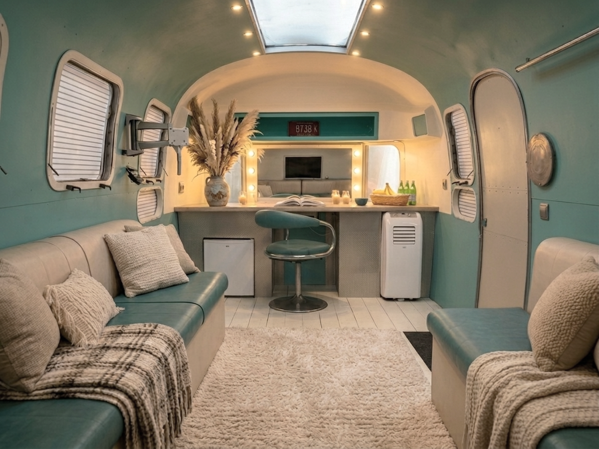 Intérieur loge intime de l'Airstream La Vagabonde 21ft — loge artiste solo