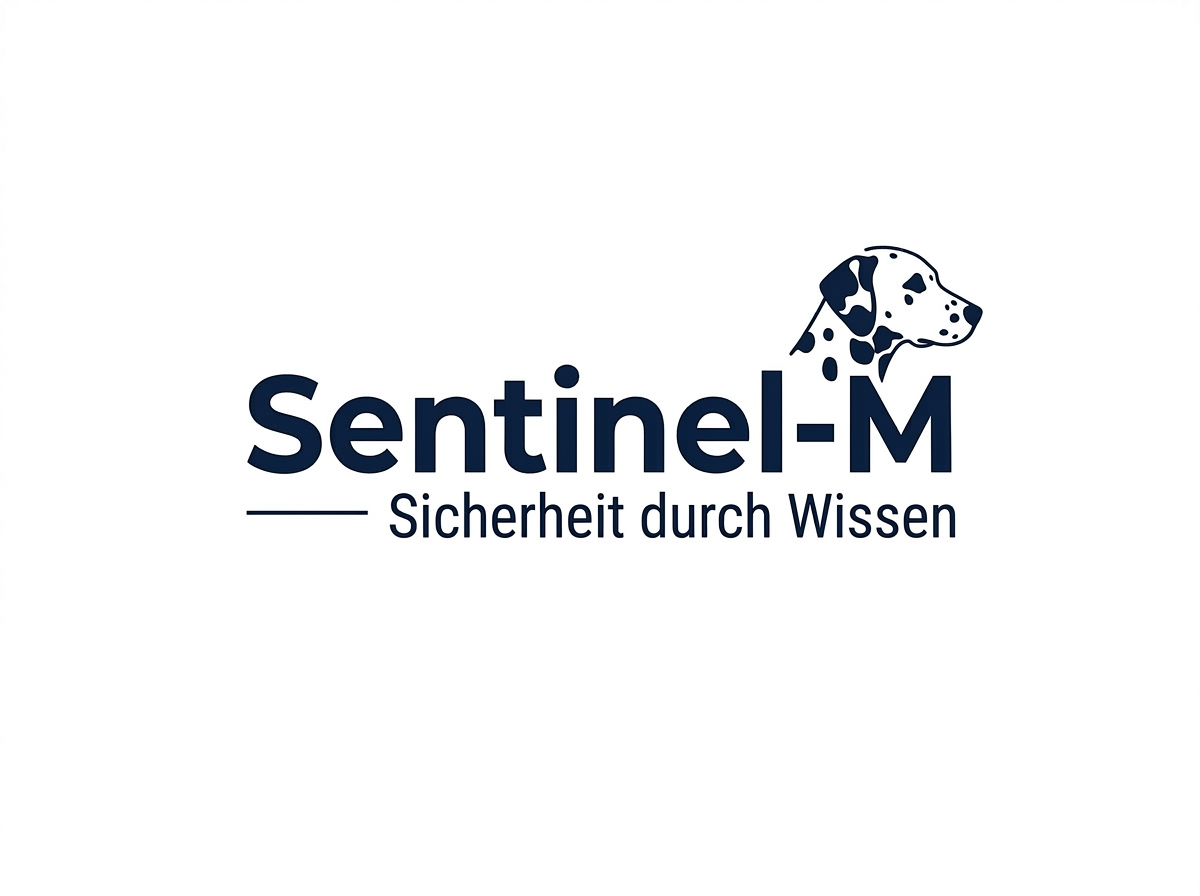 Logo von Sentinel-M mit einem Dalmatiner-Hund und dem Slogan 'Sicherheit durch Wissen'.