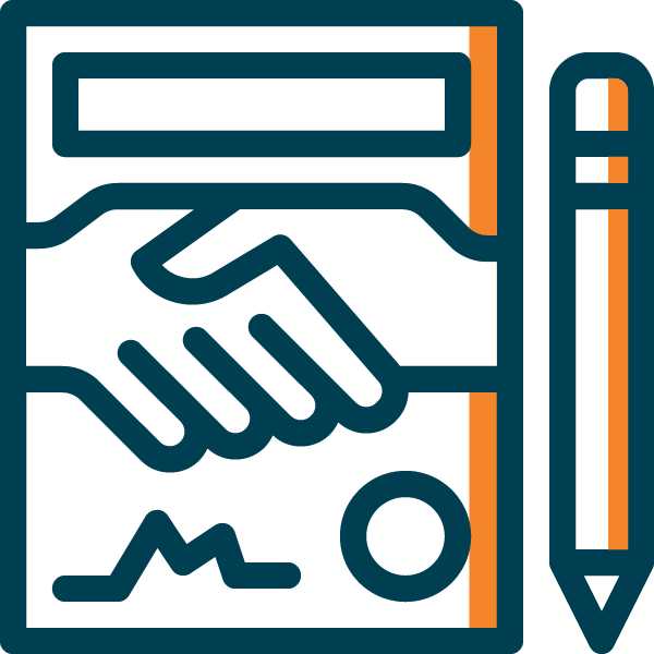 Icon of two hands shaking over a document, with a pen and a circle, representing agreement or signing a contract.