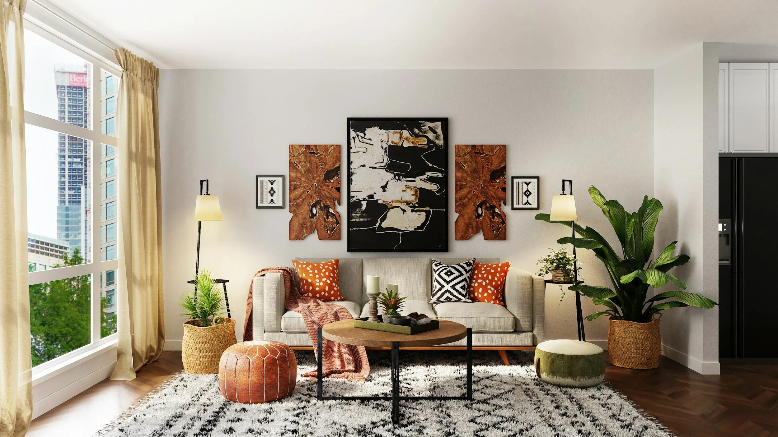 Living room with beige sofa, black and white patterned pillows, orange pillows, indoor plants in woven baskets, a wooden coffee table, a black and white abstract wall art, tall lamps, and a large window with cream curtains, with a cityscape view outside.