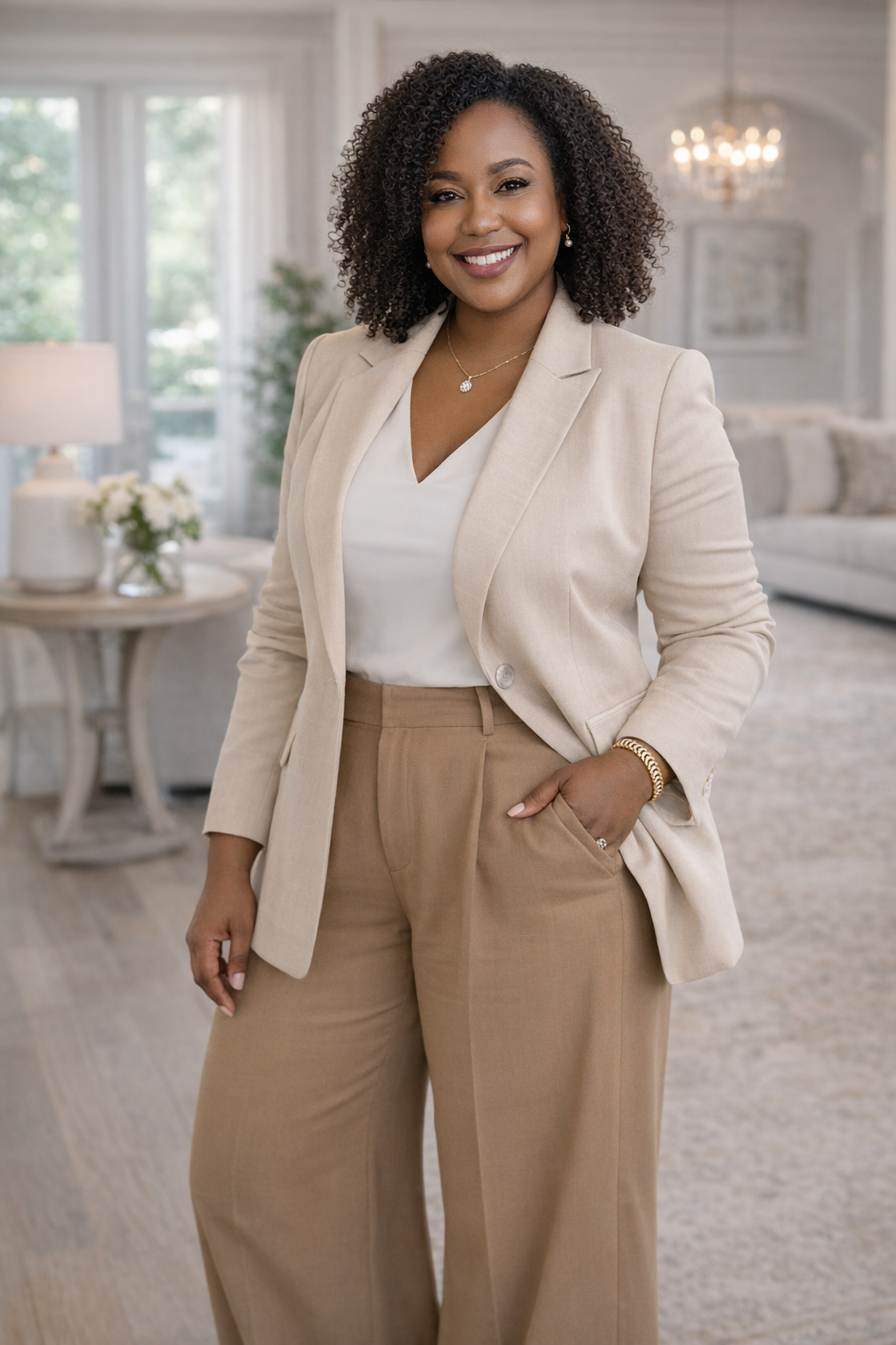 A woman with curly hair smiling in a beige suit and white blouse, standing in a modern, well-lit living room with a chandelier.
