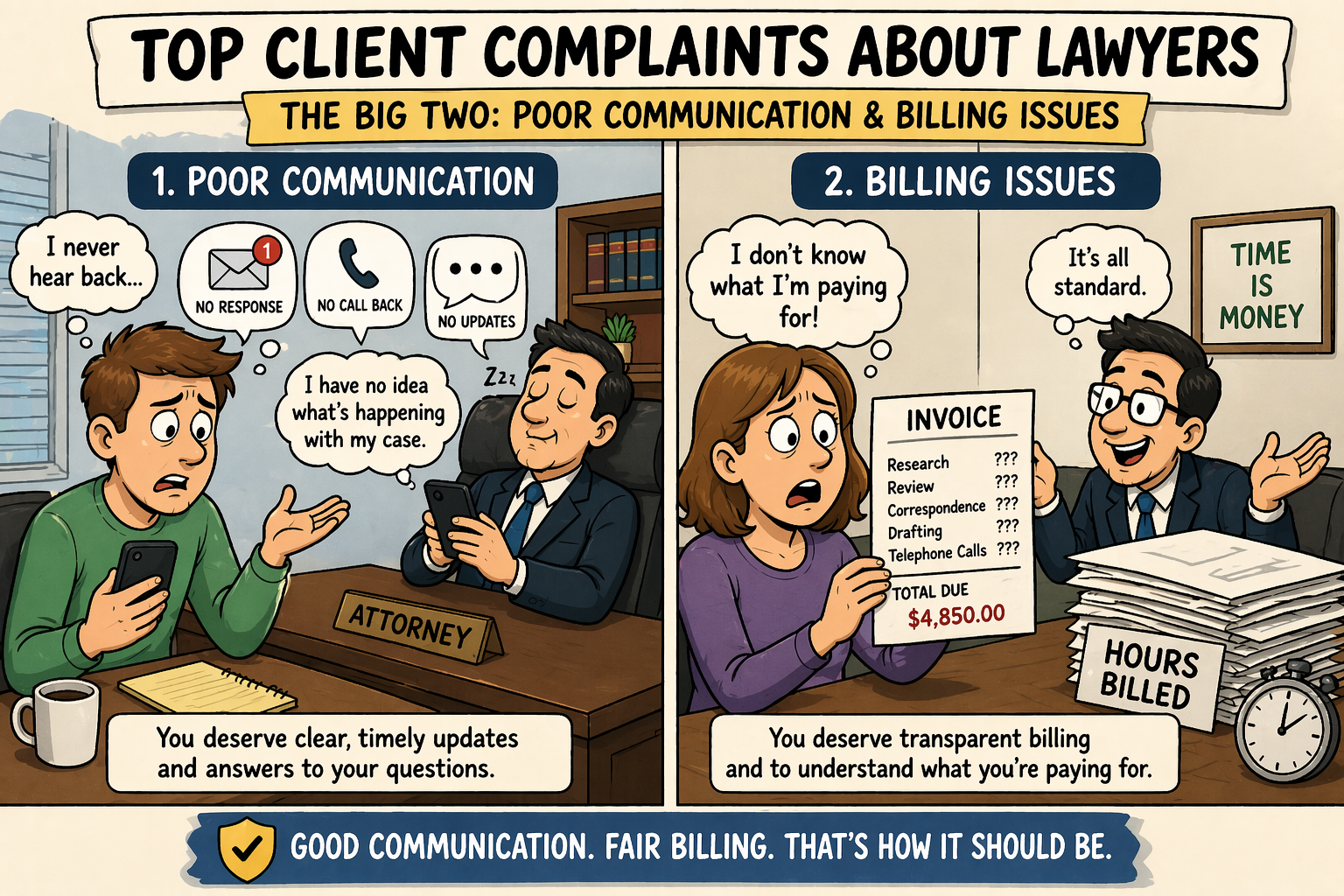 Cartoon depicting common client complaints.