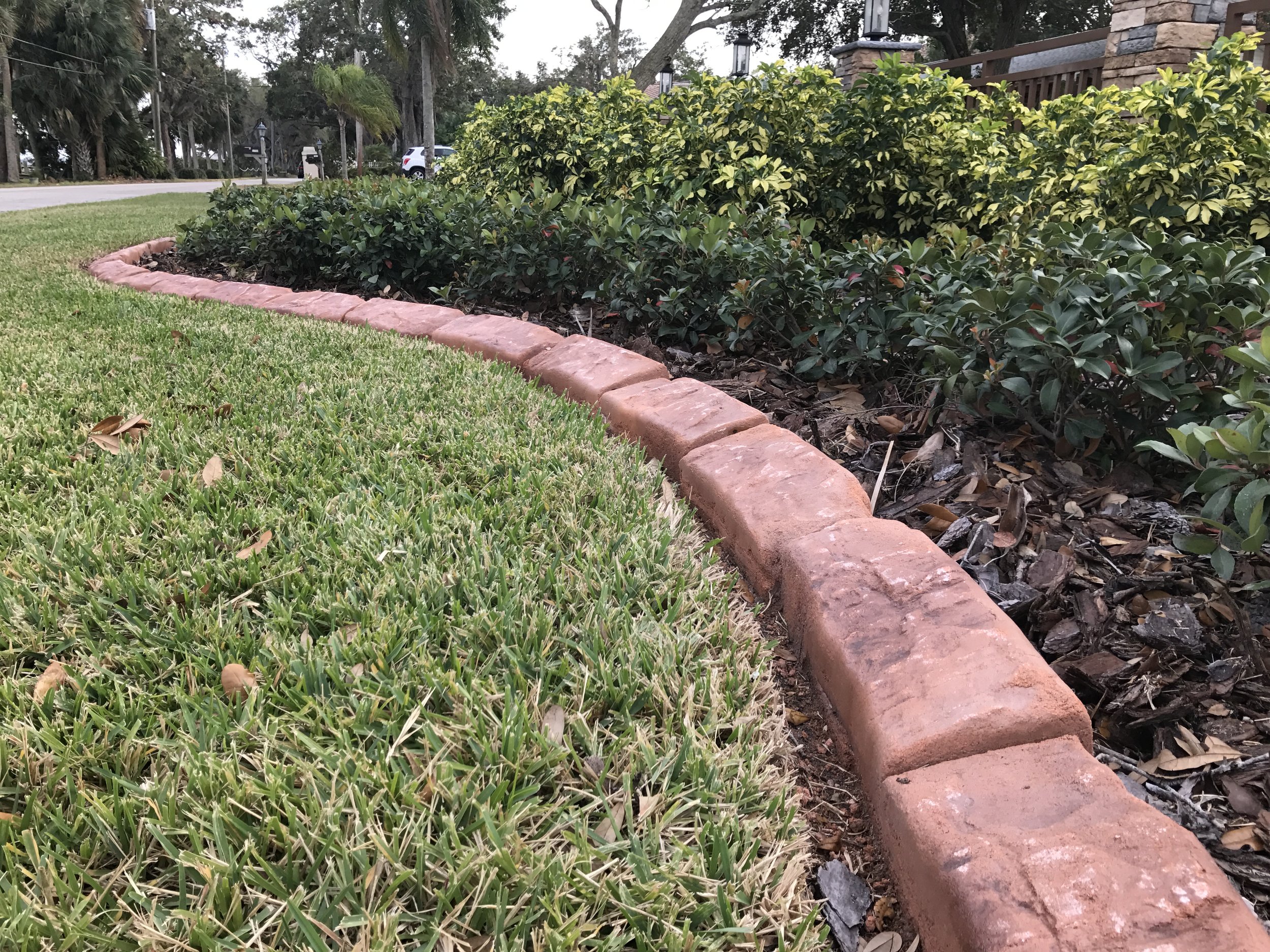 A brick border separating a well-maintained grassy lawn from a flower bed with green foliage and mulch. A neighborhood street with cars and trees is visible in the background.