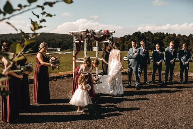 A wedding ceremony outdoors with a bride, groom, bridesmaids, and groomsmen standing under an arch decorated with fabric, on a natural setting with trees and sky in the background.