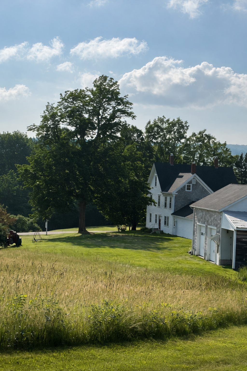 A countryside scene with a large tree, a white house, a garage, and a grassy field under a partly cloudy sky.