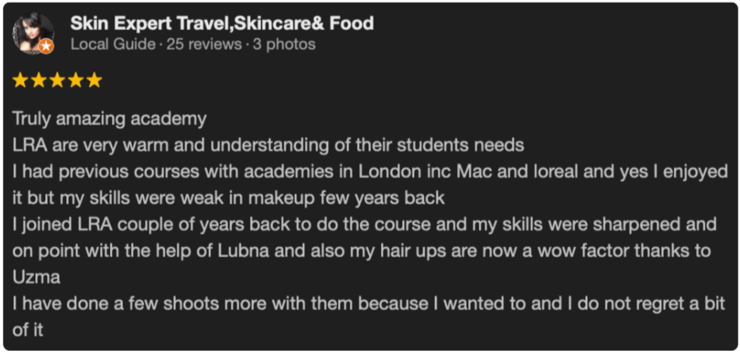 Screenshot of a Google review for Skin Expert Travel, Skincare & Food, praising the academy for their understanding of students' needs, mentioning previous experience with other academies, and stating satisfaction with hair-up skills improved after courses.