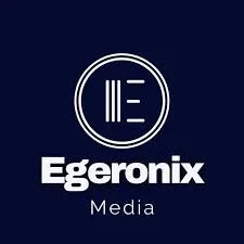Egeronex Media logo with a stylized 'E' inside a circle on a dark blue background