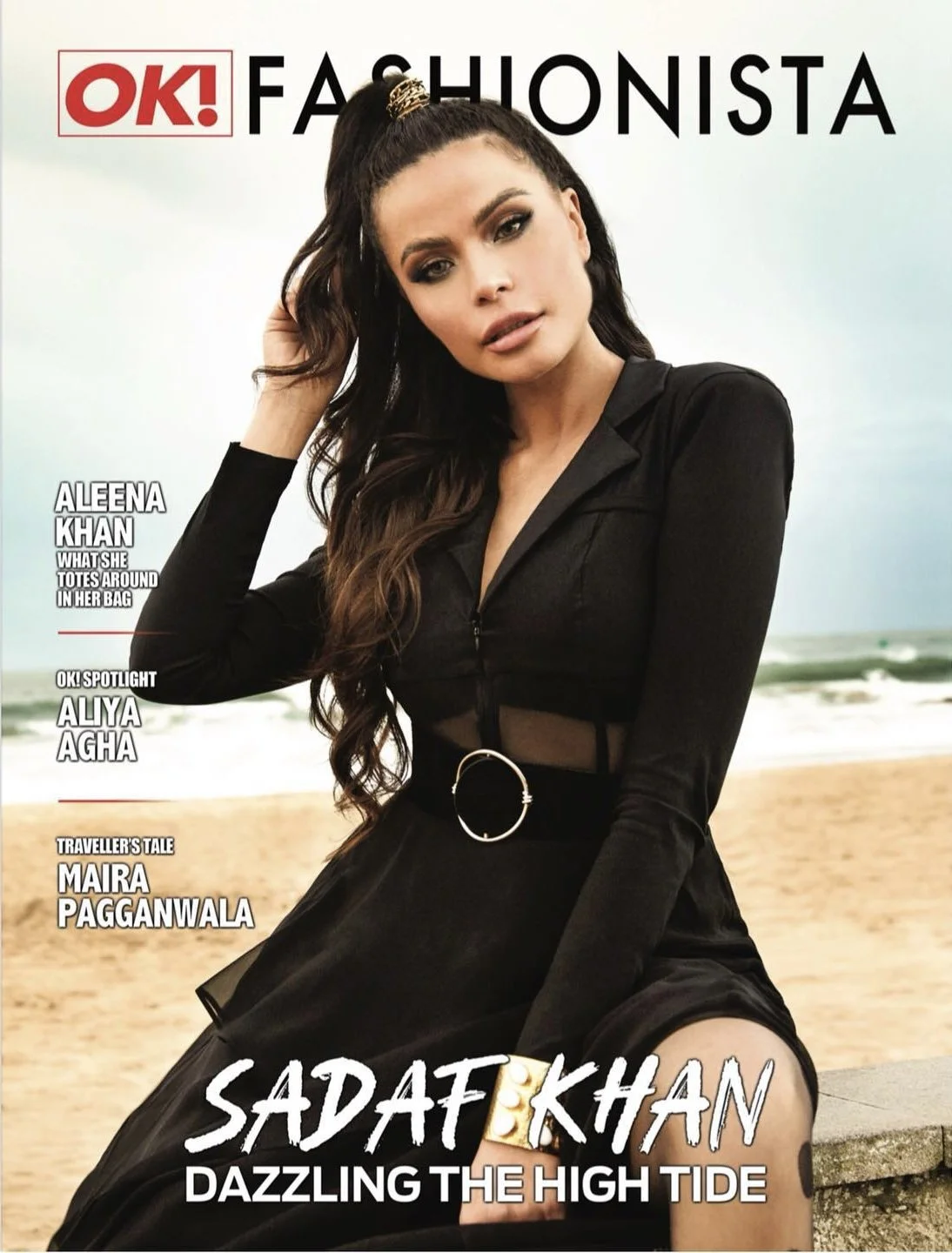 Cover of OK! Fashionista magazine featuring model Sadaf Khan on a beach, wearing a black outfit, with headlines about other celebrities and articles.