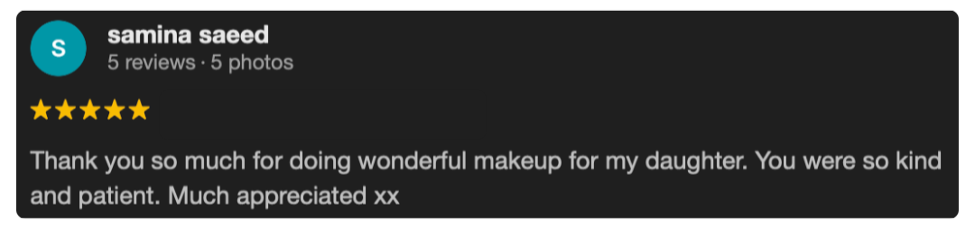 Customer review praising makeup service for daughter's birthday, noting kindness and patience of provider.