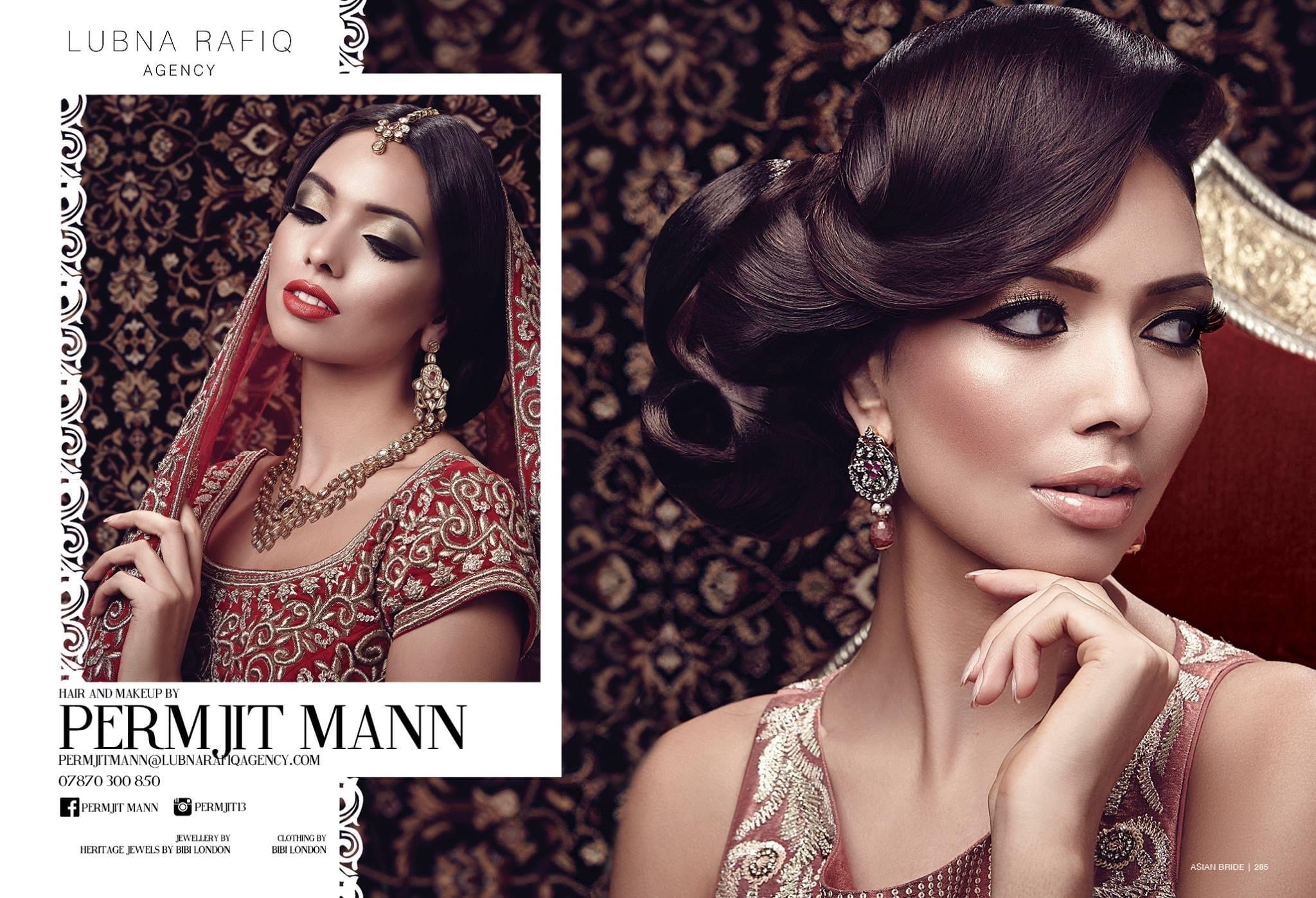 Two women dressed in traditional Indian bridal attire with jewelry. The left woman has dark hair, red lipstick, and a red and gold embroidered dress, with her eyes closed. The right woman has styled dark hair, makeup, and a pink embellished dress, looking thoughtfully to her left with her hand near her chin. The background features a dark, ornate pattern.