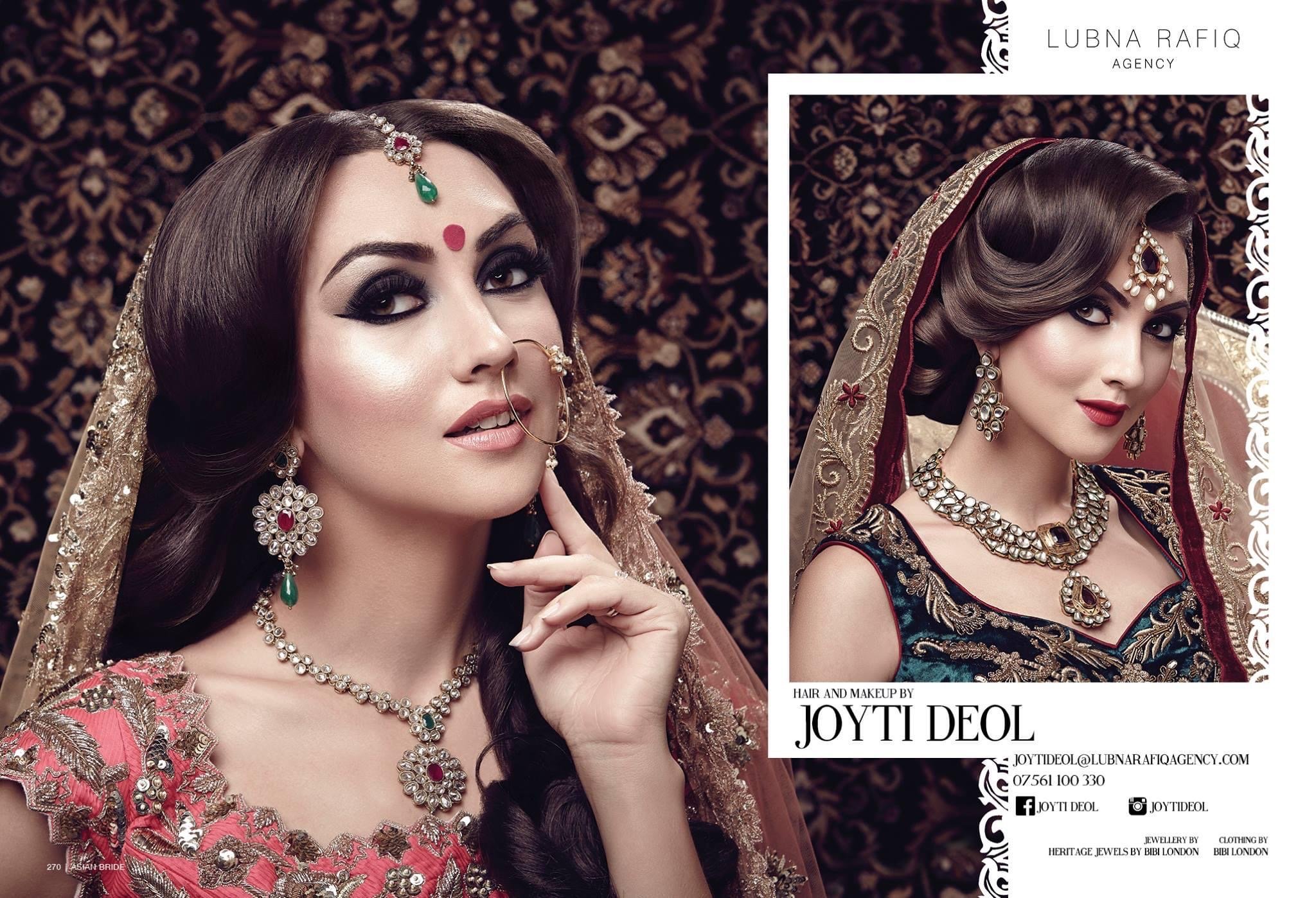 Two women dressed in traditional South Asian bridal attire wearing elaborate jewelry, with one woman in the foreground and the other in a smaller inset. The background features a dark, intricate pattern.