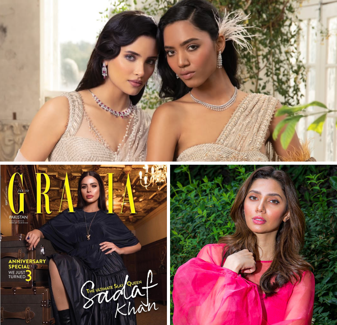 Composite image with three photos of women. The top photo features two women dressed in elegant jewelry and clothing, posing indoors with greenery in the background. The bottom left shows a woman in a black outfit with a magazine cover titled "GRAZIA Pakistan" and the text "The Ultimate Slayer Queen Sadaf Khan." The bottom right shows a woman outdoors with lush green foliage, wearing a pink sheer top.