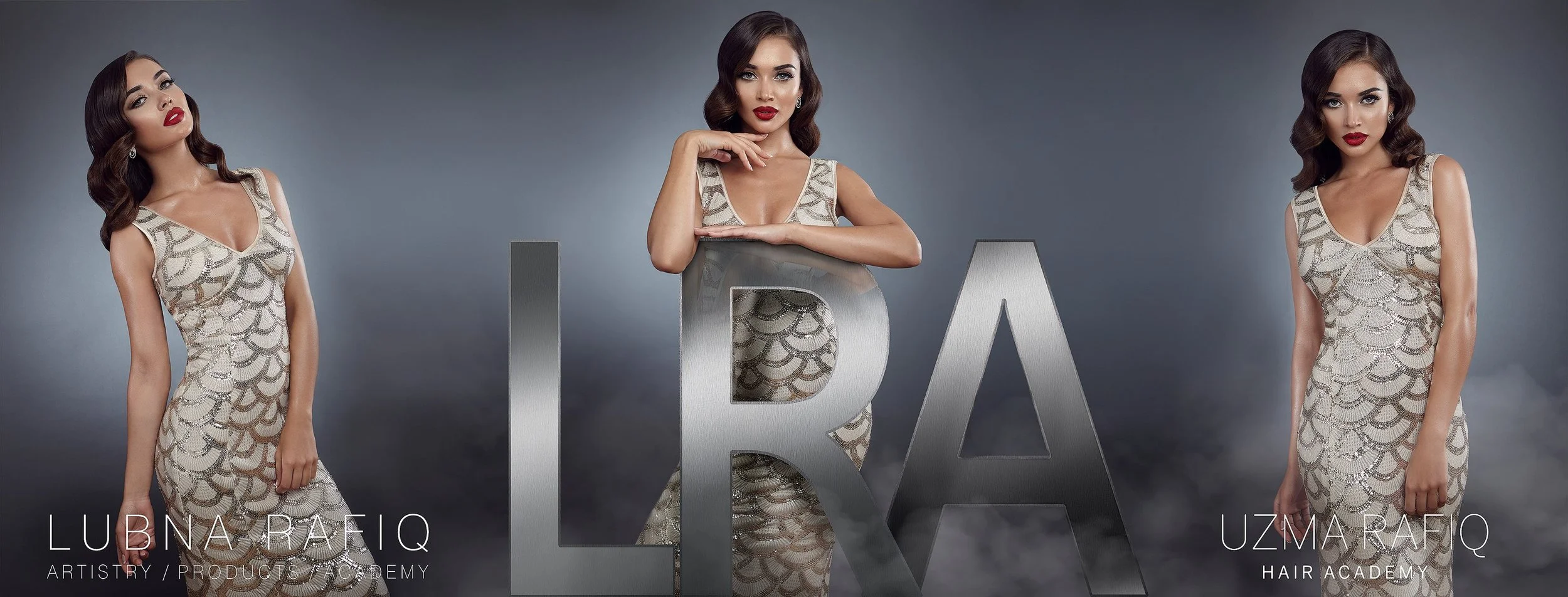 Three women with dark wavy hair and red lipstick posing behind large metallic letters that spell 'IRA' against a gray background.