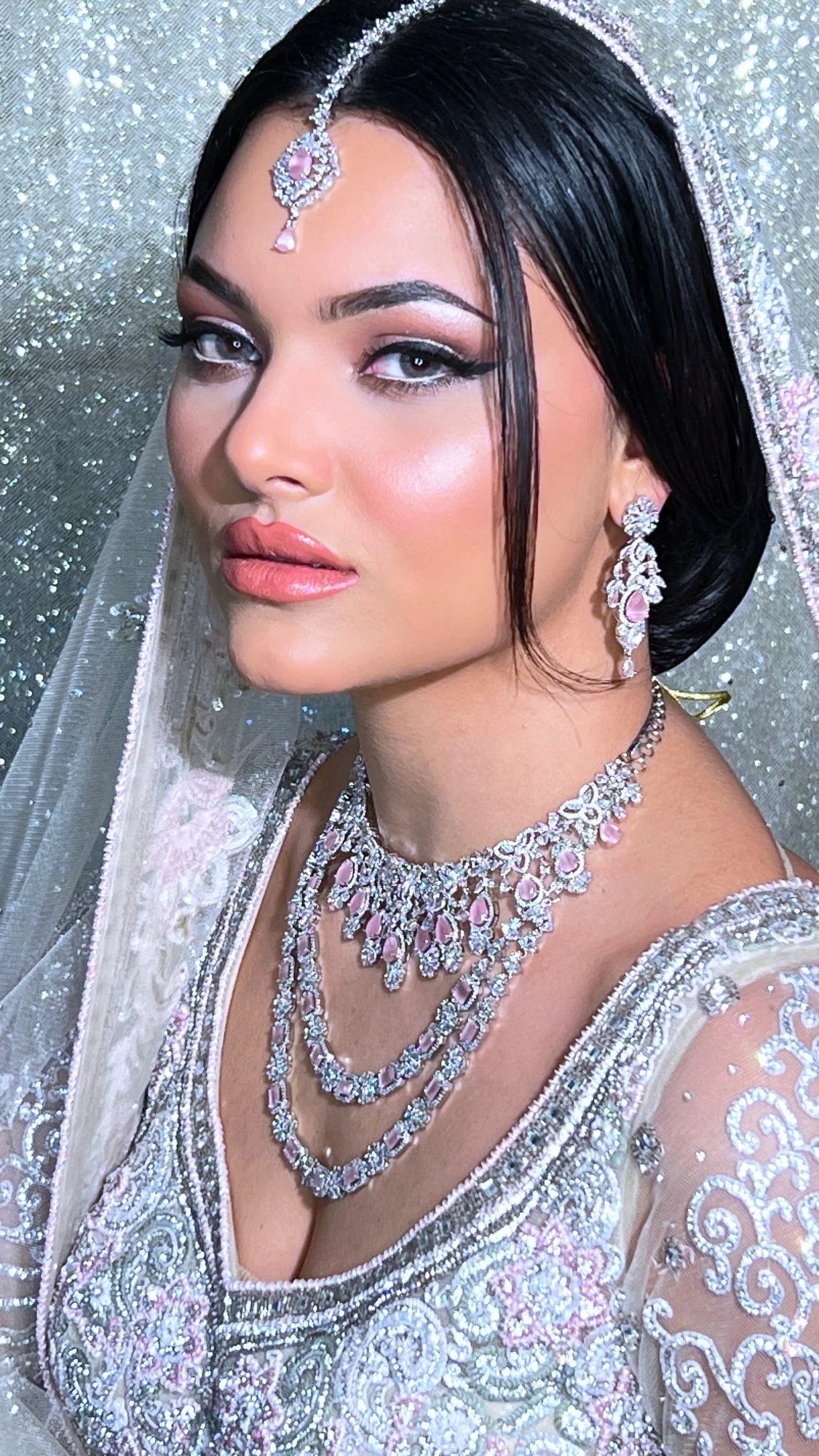 Close-up of a woman wearing a tiara and jewelry, dressed in an ornate gown with detailed embroidery, against a sparkly background.