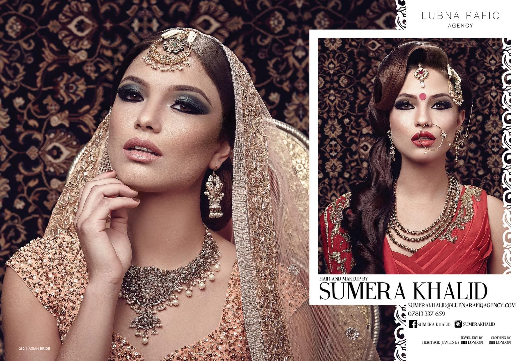 Two women in traditional bridal attire with jewelry and makeup, posing against a dark, patterned background. The woman on the left has a light peach dress and a head covering, while the woman on the right wears a red dress with jewelry.
