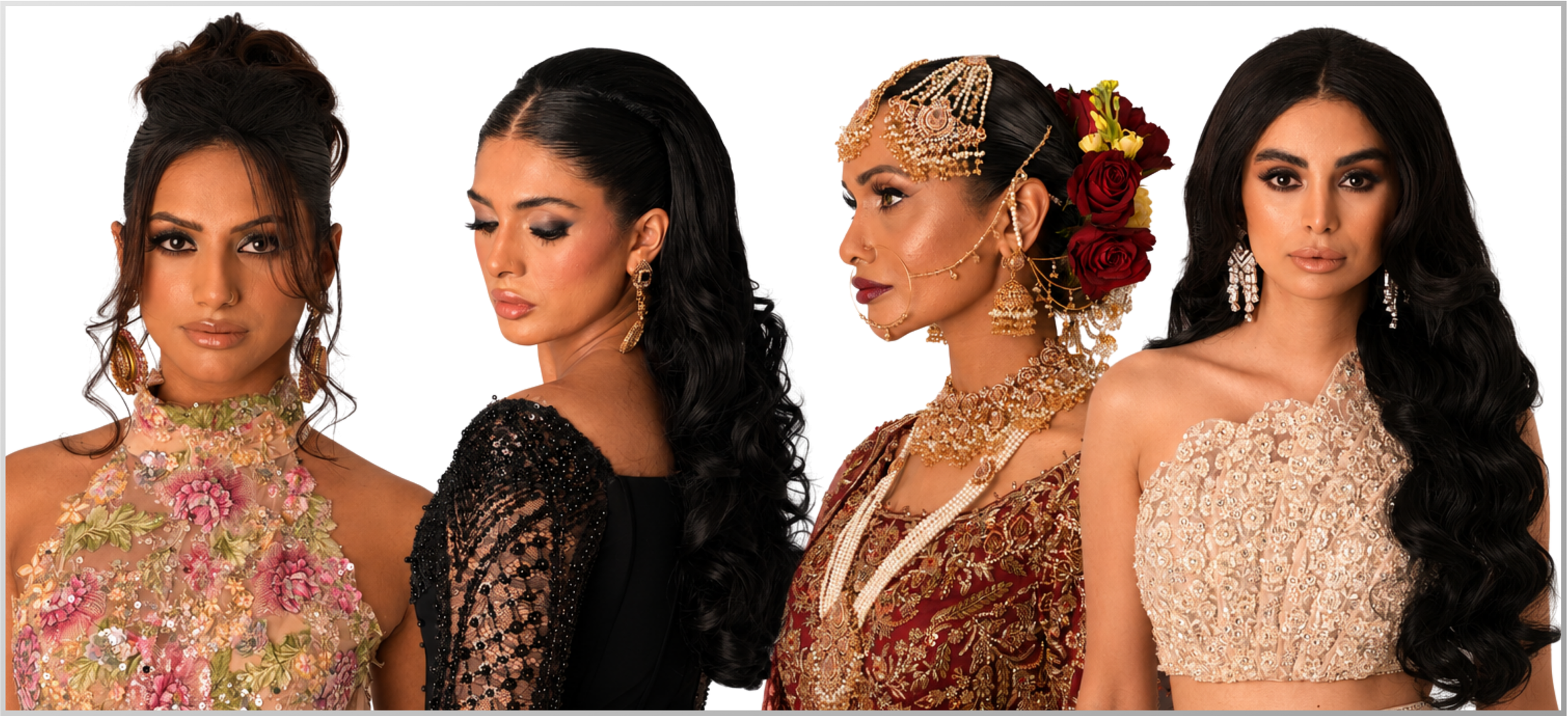 Four women dressed in traditional and elegant Indian attire, adorned with jewelry, with long dark hair styled in different ways.