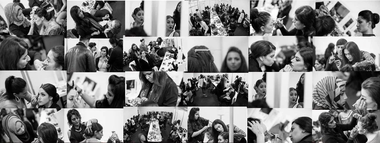 A collage of black-and-white photos showing women and girls getting makeup and hair done, applying makeup, and preparing for an event or photoshoot in a busy, indoor setting.
