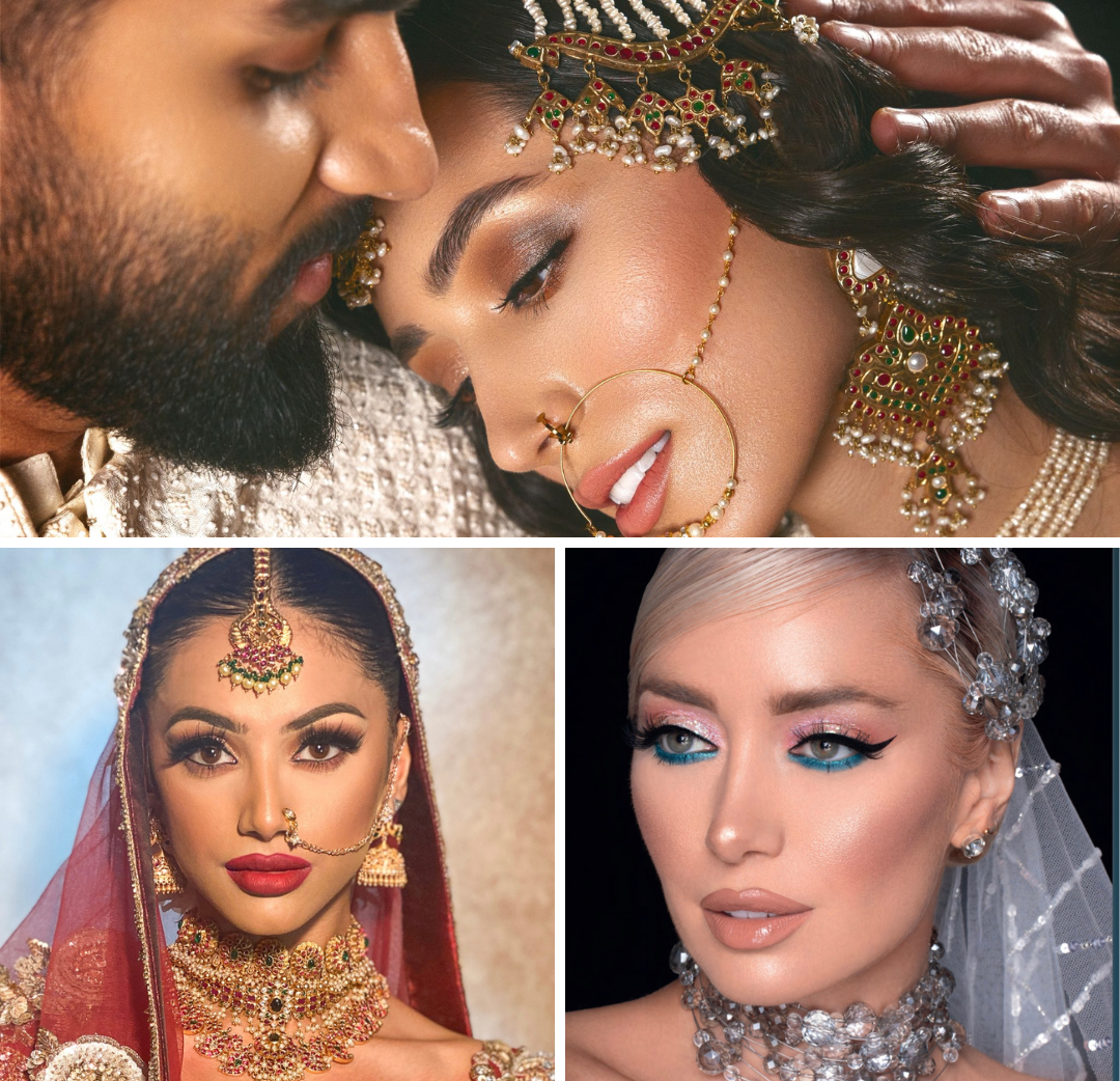 Collage of three women wearing traditional and modern jewelry and bridal attire.