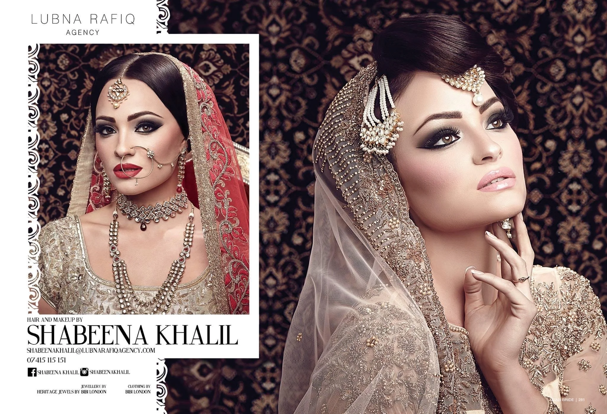 Two women dressed in traditional South Asian bridal attire, adorned with elaborate jewelry, in front of a dark patterned background. The woman on the left wears a red and gold outfit with a netted dupatta, and the woman on the right wears a light-colored, heavily embroidered outfit with a sheer veil. The image appears to be a professional bridal photoshoot.