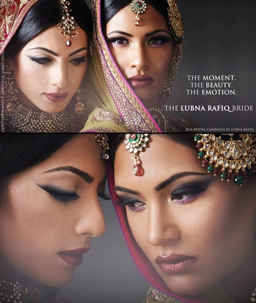 Close-up of two women wearing traditional South Asian bridal attire and jewelry, with one looking down and the other looking forward, highlighting their makeup and ornate outfits.