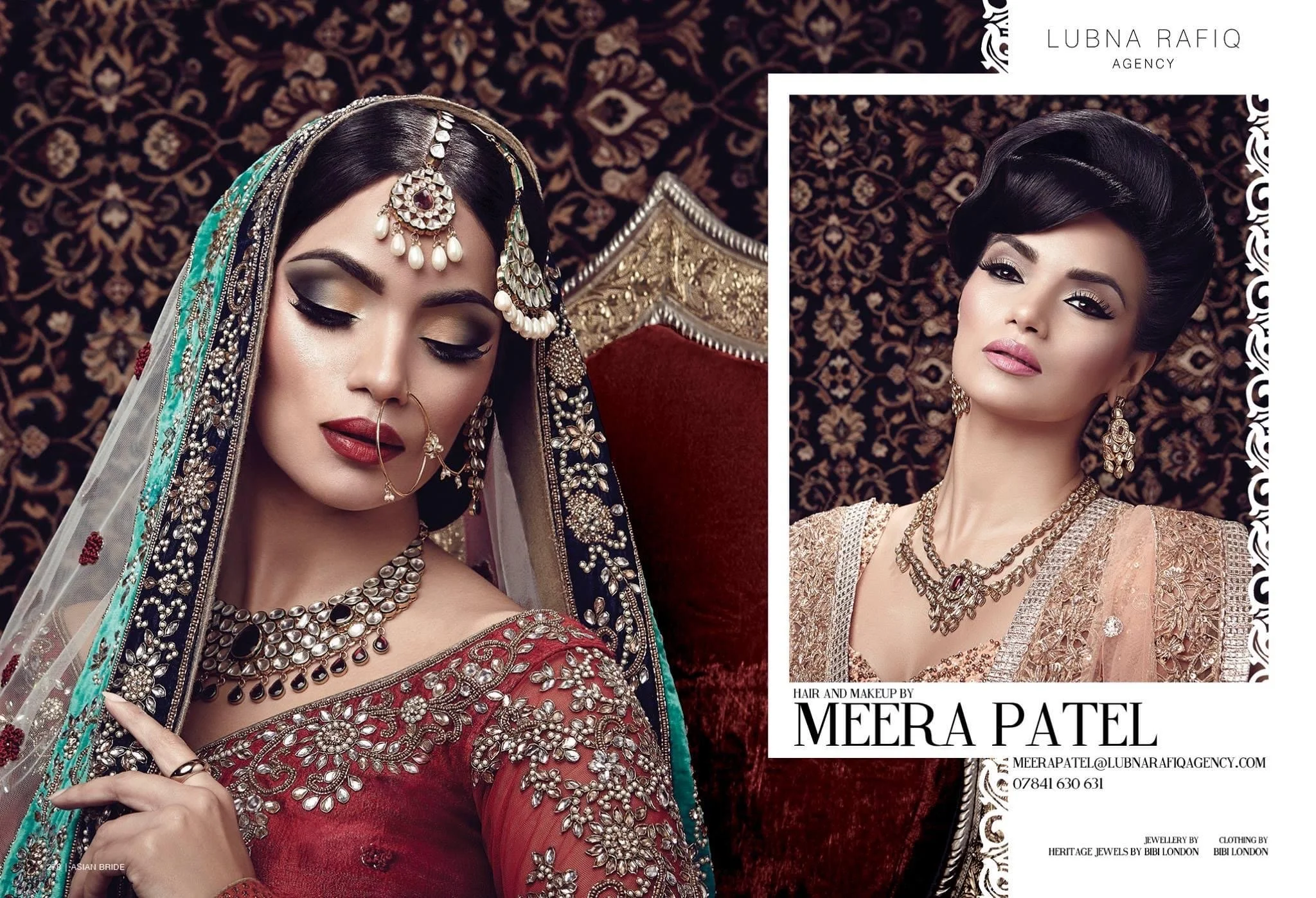 Two women wearing traditional Indian bridal jewelry and attire, with intricate embellishments, earrings, and headpieces, posed against a dark ornate background.