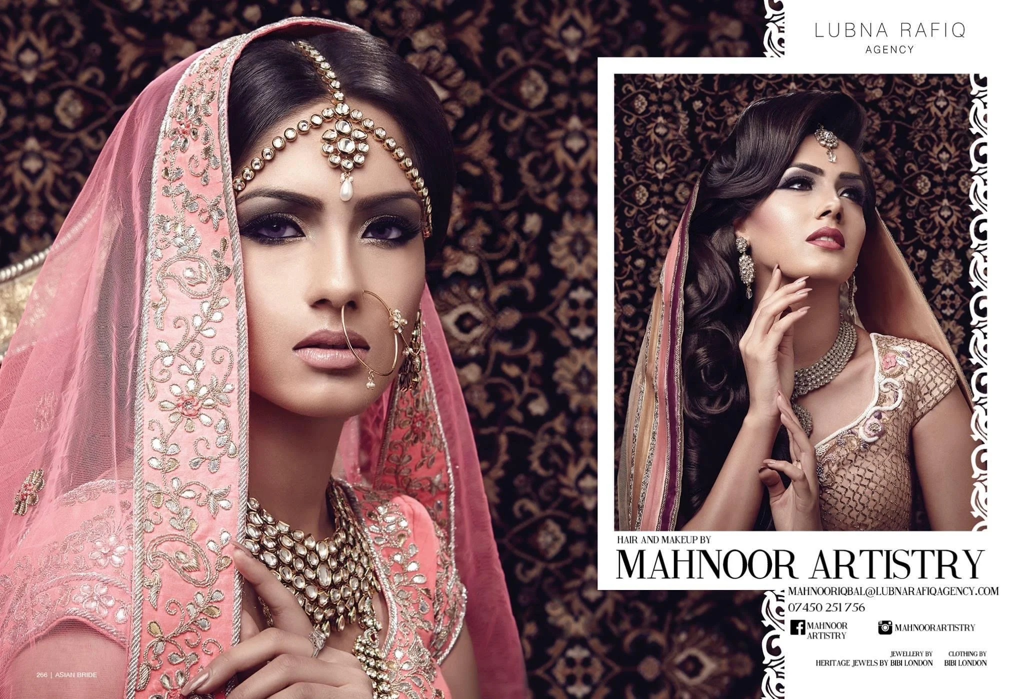 Two women in traditional South Asian bridal attire with ornate jewelry and makeup, posed against a dark patterned backdrop.