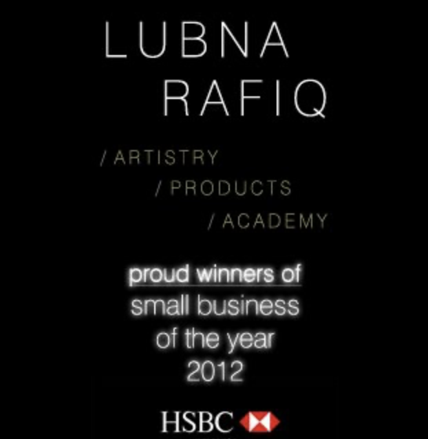 A black background promotional graphic featuring white text with the names 'Lubna Rafiq' and details about her art, products, and academy. Highlighted in neon style is the message announcing her as a proud winner of the small business of the year in 2012, with HSBC's logo at the bottom.