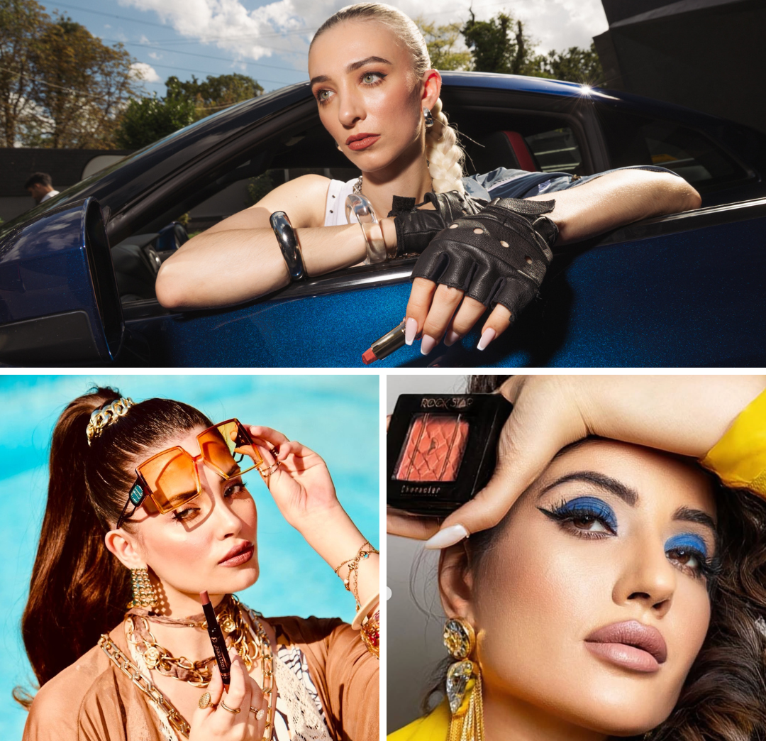 Collage of three women with bold makeup, stylish accessories, and fashionable outfits, showcasing makeup beauty and fashion accessories.