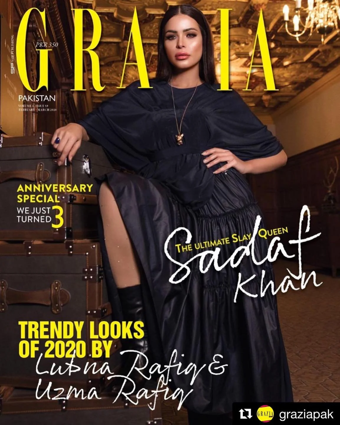 Cover of Grazia Pakistan magazine featuring Sarwat Gillani in a dark outfit, seated in an ornate, luxurious room with chandeliers and wooden décor, with magazine headlines about trends, anniversaries, and fashion.