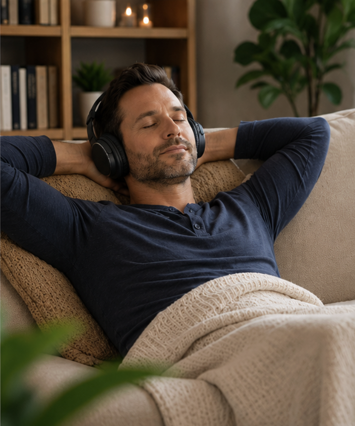 Michelle Thompson Client relaxing at home with headphones listening to self-paced hypnosis audio recording