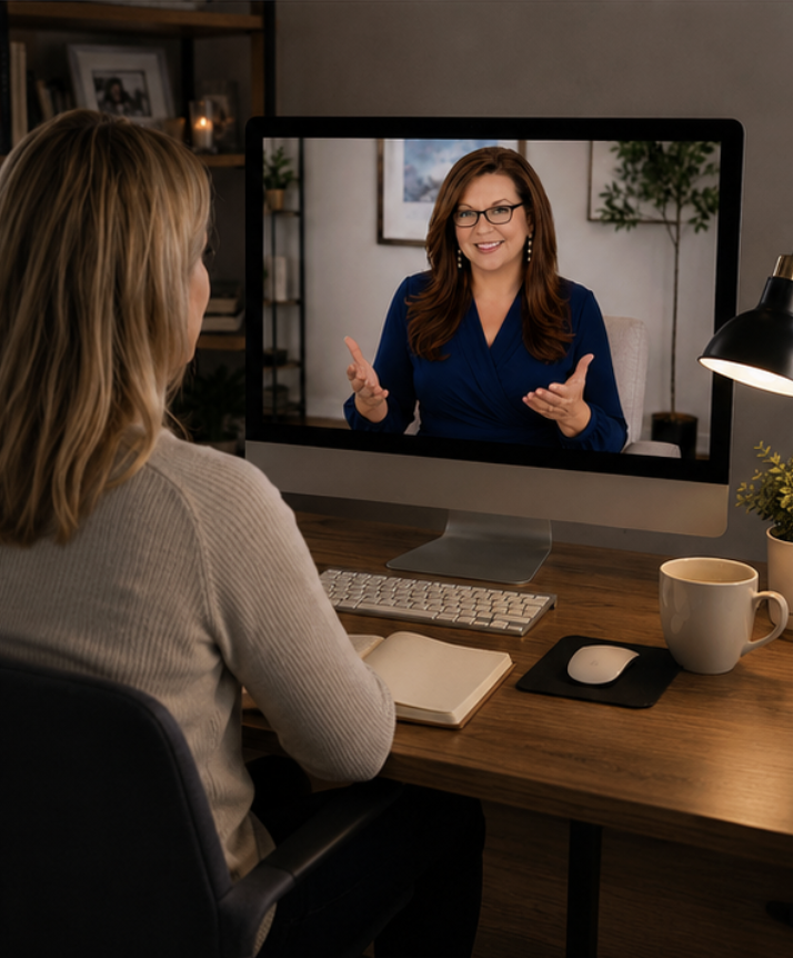 Woman participating in a video call with another woman on a computer screen, sitting at a wooden desk with a notebook, coffee mug, and desk lamp.
